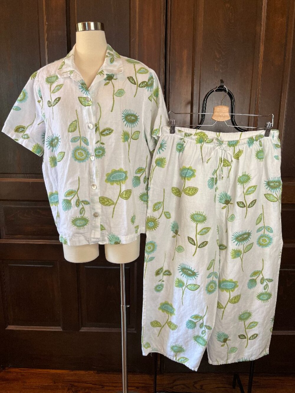 Hot Cotton Marc Ware 2-Piece Pant Set Linen Blend Outfit 1X White Floral Coastal